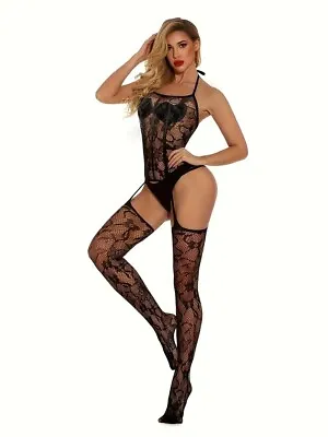 Black Blue Red OpenBack Fishnet Suspender Style Sexy HalterNeck BodyStocking B68 • £21.99