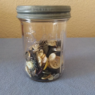 $19.99 • Buy Vtg Ball Pint Glass Freezer Jar W/ Vtg & Antique Buttons, Zinc Lid