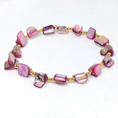 Stretch Bracelet With Pink Dyed Abalone Shell Chip Beads & Gold Tone Spacers  • £3.20