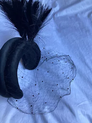 Vintage Henri Bendel Black Satin Fascinator Hat With Feathers Netting Lace Veil • $109
