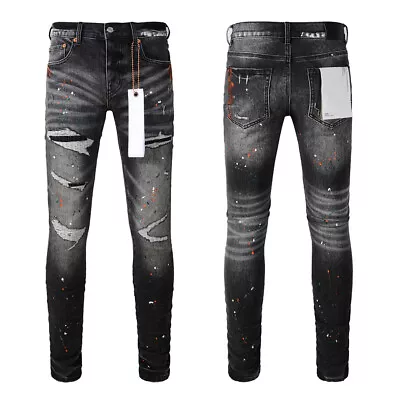 New Pop Purple Brand Men's Patchwork Pants Splash-ink Skinny Black Jeans PB9018A • $58.44