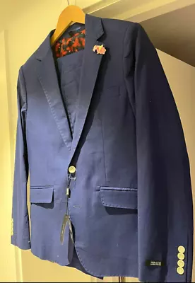 Gianni Feraud Men's Sam Navy Blue Plain Linen Jacket And Waistcoat Set 54R • £99.50