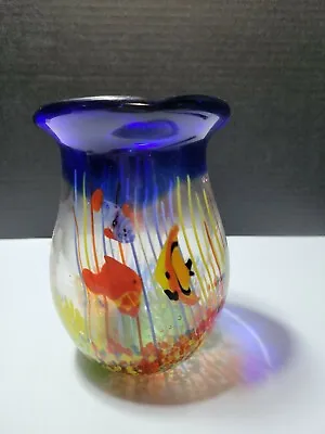Vtg Heavy Thick Art Glass Blown Tropical Fish Aquarium Vase Murano 5.75” Tall • $39.75