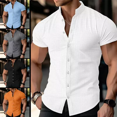 Mens Summer Button Up Shirts Solid Short Sleeve Casual Formal Work Tops Shirts • £9.96