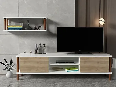 Kayrana Mono White & Walnut Colour TV Unit Media Storage With Dark Oak Legs And  • £159.99