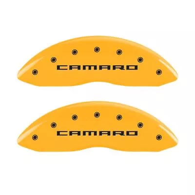 MGP 4 Caliper Covers Engraved F&R Gen 5/Camaro Yellow Finish Black Ch • $326.99