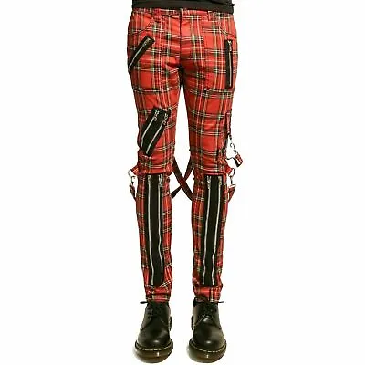 Mens Punk Bondage Pants Gothic Check Red Plaid Slim Fit Steampunk Goth Pant Men • $66.49