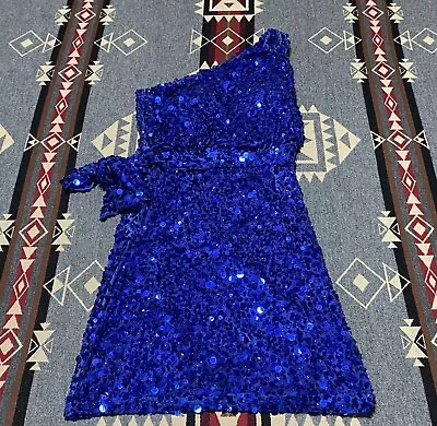 Aidan Mattox Women Dress Sz 2 Blue Velvet Sheath One Shoulder Sequin T34 • $80.96