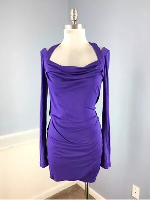 BCBG BCBGMaxazria Purple Cold Shoulder XS Sheath Dress Long Sleeve Persian EUC • $34.99