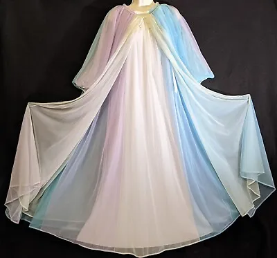 Vintage Colorful  Draped Double Layer Chiffon RARE Nightgown Peignoir Robe Set L • $249