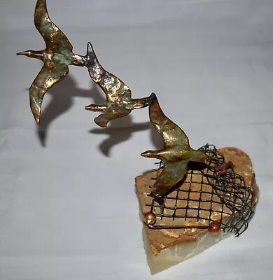 1960s C Jere Artisan House Birds In Flight Crab Net Marble Base Copper Sculpture • $159.99