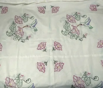Vintage Embroidered Flowers White Embroidered 57x37  Linen Bed Quilt Block Panel • $39.99