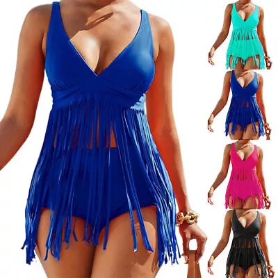 Women Tassel Bikini Tankini Set Swimdress High Waist Swimwear Swimsuit Plus Size • £19.99