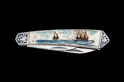 Etched Double Tall Ship Scrimshaw Collection Large Dual Blade Pocket Knife • $61.20