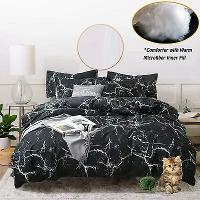 Jumeey Marble Comforter Set Queen Black Duvet Full Size With Modern Abstract Pat • £98.29