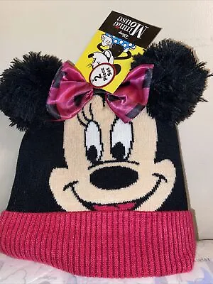 NEW DISNEY MINNIE MOUSE Pom Poms Beanie Hat & Gloves Set Pink Black  Girls Kids  • $9.75