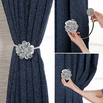 2x Crystal Magnetic Curtain TieBacks No Drilling Spring Silver Tie Back Stretchy • £7.93