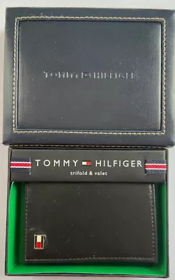 £25.99 • Buy Genuine Tommy Hilfiger Men's Black Oxford Slim Leather Trifold Valet  Wallet   