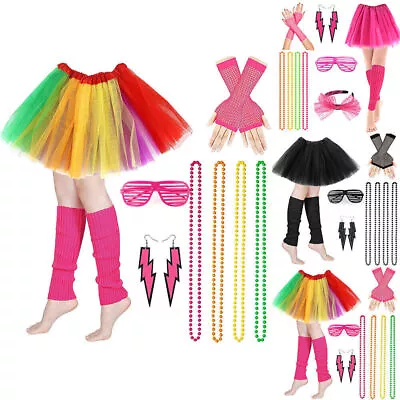 80s Neon Fancy Dress Ladies Costume Set Tutu Skirt Gloves Earring Glasses Beads • $25.74