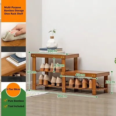 $49.95 • Buy Wooden Bamboo Shoe Rack Storage Shelf Organizer Shoe Changing Stool Bench Seat