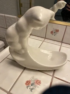 Mcm Vintage White Haegar Pottery Cat Statue Looking Down No Bowl (8  Tall) • $17.50