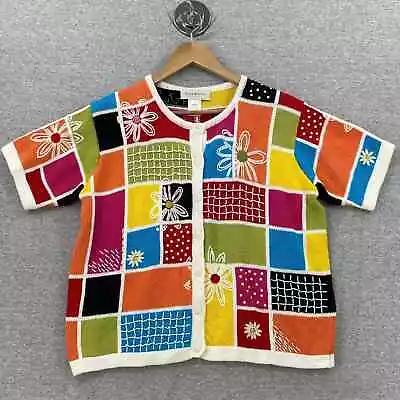 VTG Susan Bristol Sweater Womens Large Button Up Patchwork Hand Embroidered • £33.74