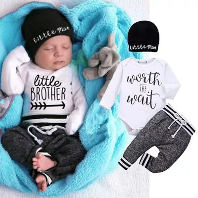 Newborn Baby Boy Matching Clothes Little Man Tops Romper Pants Brother Outfit • £11.99