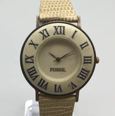 Vintage Fossil Watch Women 36mm Stone Dial Brown Leather Band New Battery • $26.99