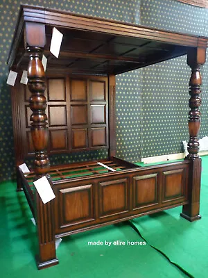 UK King 5' Jacobean Tudor Style Mahogany Four Poster Wooden Canopy Bed • $4351.73