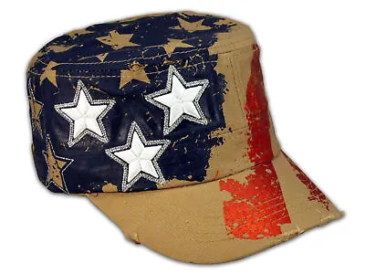 Khaki Stars And Stripes Cadet Castro Cap Vintage Army Hat Distressed • $15.97