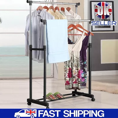 £16.90 • Buy Heavy Duty Double Clothes Rail Rack Hanging Display Stand Shoes Storage Wheels