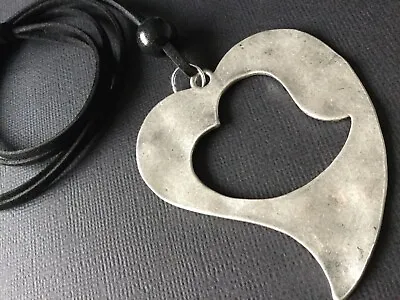 Long BLACK Suede Statement Necklace With A Big Hammered HEART Pendant Boho • £4.49