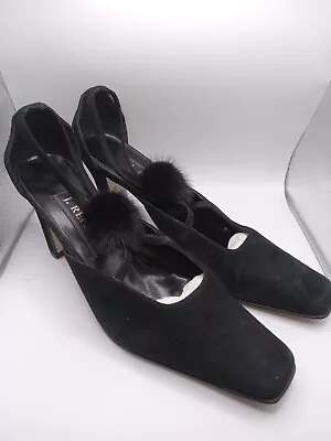 JRenee Black Suede Pumps Mink Pom Pom Heels Sz 9M • $15