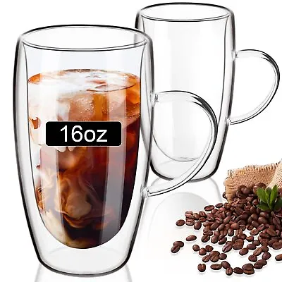 Double Wall Glass Coffee Mugs 16Oz With Handle Coffee Cups Set Of 2 Clear Boro • $20.19