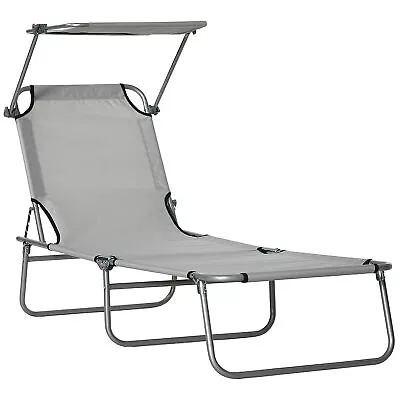 Outsunny Folding Chair Sun Lounger W/ Sunshade Garden Recliner Hammock Grey • £28.99