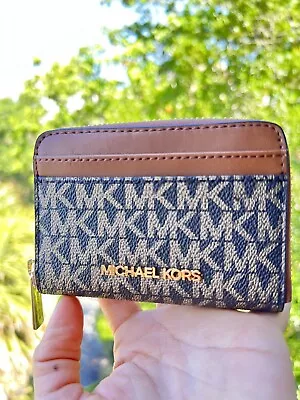 Michael Kors Jet Set Travel Za Card Case Wallet Mk Gold Brown • $45.95