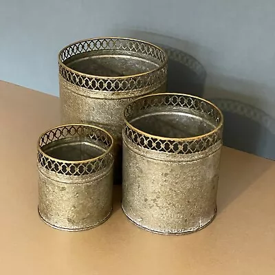 Set Of 3 Galvanised Gold Metal Rounds Plant Pots Planters Garden Pots Vases • £22.95