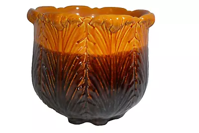 Vintage Pottery Large 8.5  Planter Majolica Brown Gold Leaf Design • $85