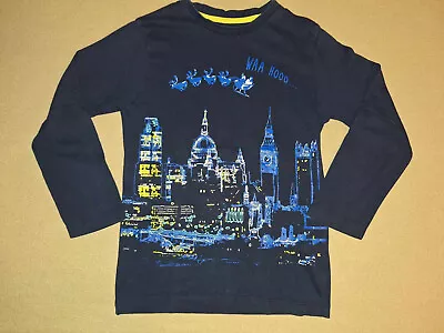 Boys Blue Zoo Christmas Navy Long Sleeve Top London Santa Sleigh Scene Age 6-8 • £0.99