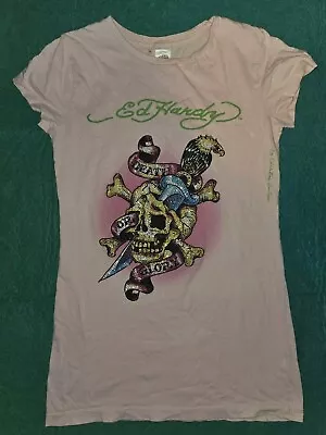 Ed Hardy Women’s Death Or Glory Small Pink T-Shirt Sleeve Skull W/ Rynstones  • $38.98