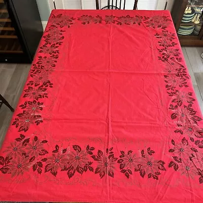 1960s Vintage Red Christmas Tablecloth 63 X50  Gold Poinsettia Silver Candles • $14.99