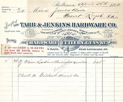 Tabb & Jenkins Baltimore MD 1893 Billhead Hardware Cutlery Guns • $12.74