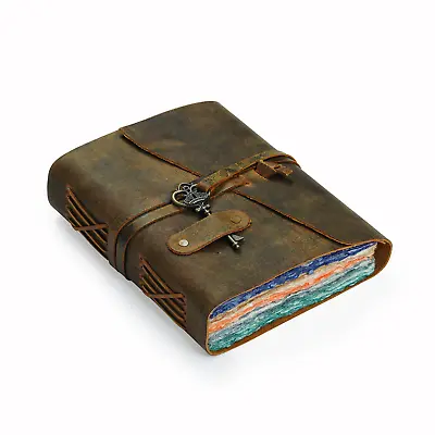 Vintage Leather Bound Journal With Lock And Key Multicolor Deckle Edges Paper • $19.99