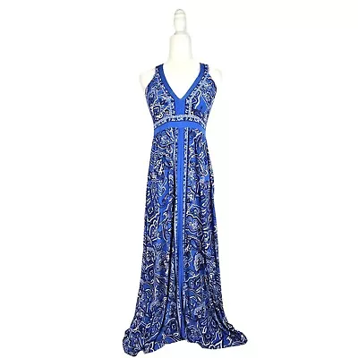 Women's Small BLUE Paisley BANDANA DRESS V-NECK Jersey Knit Strappy Maxi Dress • $19.99