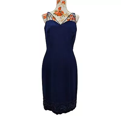 VTG Morton Myles For The Warrens Women's Sz 12 Navy Blue Cocktail Dress Bead Hem • $45.04