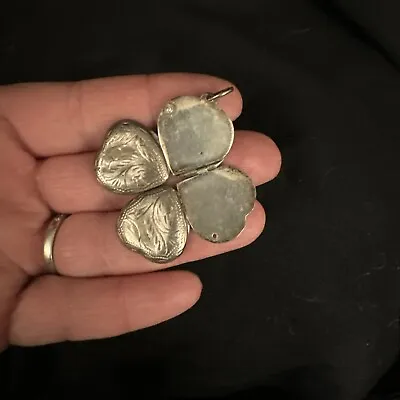 VTG Etched Sterling Silver 925 Heart 4 Leaf Clover Folding Photo Locket Pendant • $66.49