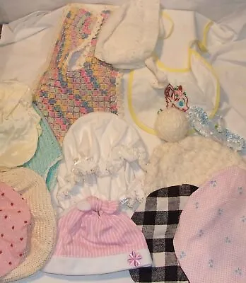 Vintage Baby Or Large Doll Clothes Lot - Hats Stocking Caps Bonnet 2 Bibs • $10