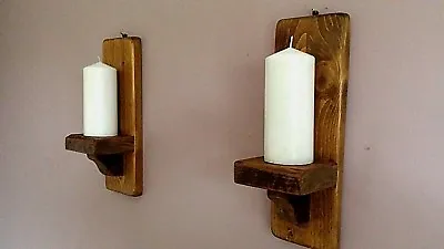Pair Of 37cm Rustic Wood Handmade Wall Sconce / Candle Holders • £23.99