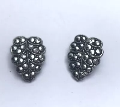 Vintage 1930s Art Deco Faux Marcasite Leaf Shaped Clip-on Earrings • £7.50