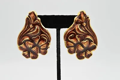 Vintage Abstract Earrings Brown Gold Enamel Metal Floral Chunky NOS 1980s 9L • $26.36